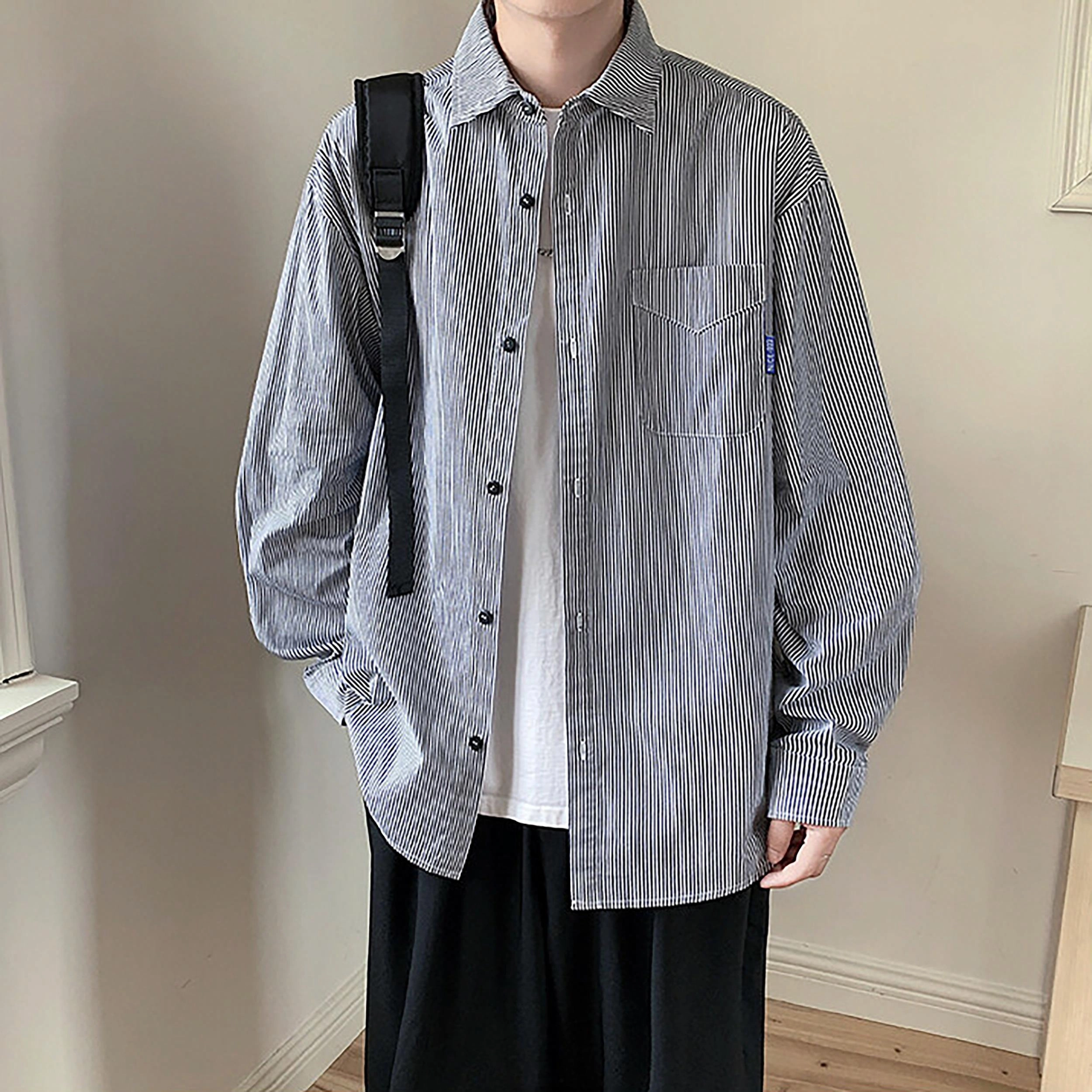 宾力克 美式复古街头基础款经典条纹长袖衬衫 男女同款