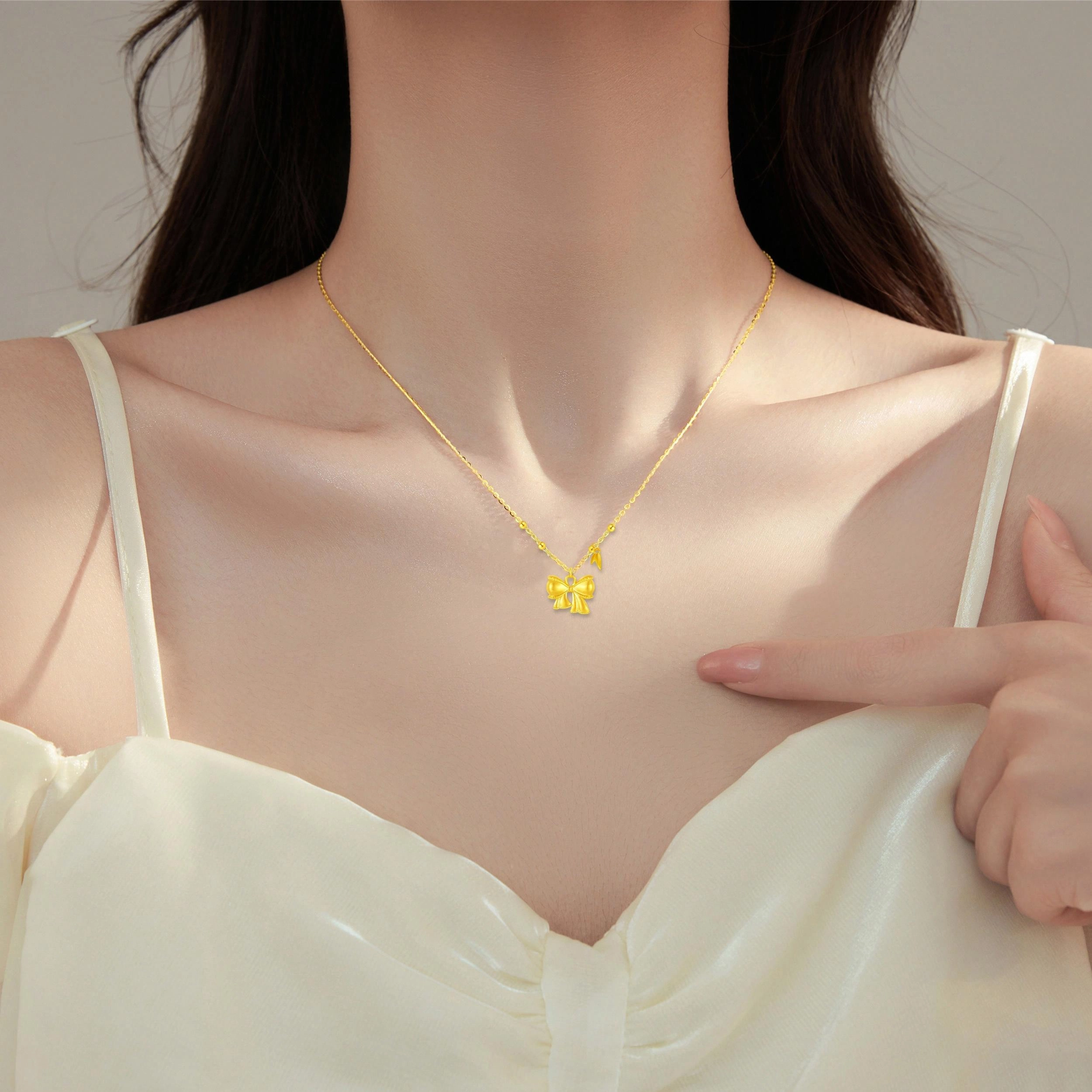 金嘉福 可爱简约森系蝴蝶结 甜美精致在逃公主轻奢小众设计感爱心锁骨链#好运 足金 一口价 黄金项链 女款