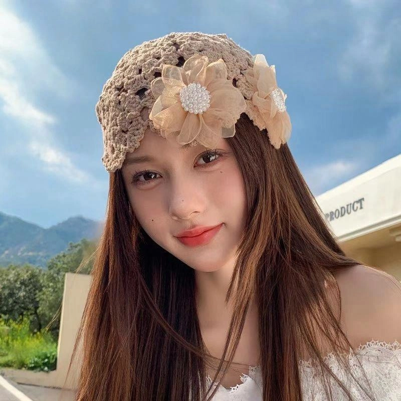 雅鹿 森系仙女系列 千禧镂空花朵编织帽时尚潮流春夏百搭修饰脸型秒变小脸加大帽围大头适用出街吸睛 聚酯纤维 帽子 女款
