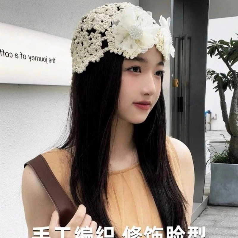雅鹿 森系仙女系列 千禧镂空花朵编织帽时尚潮流春夏百搭修饰脸型秒变小脸加大帽围大头适用出街吸睛 聚酯纤维 帽子 女款