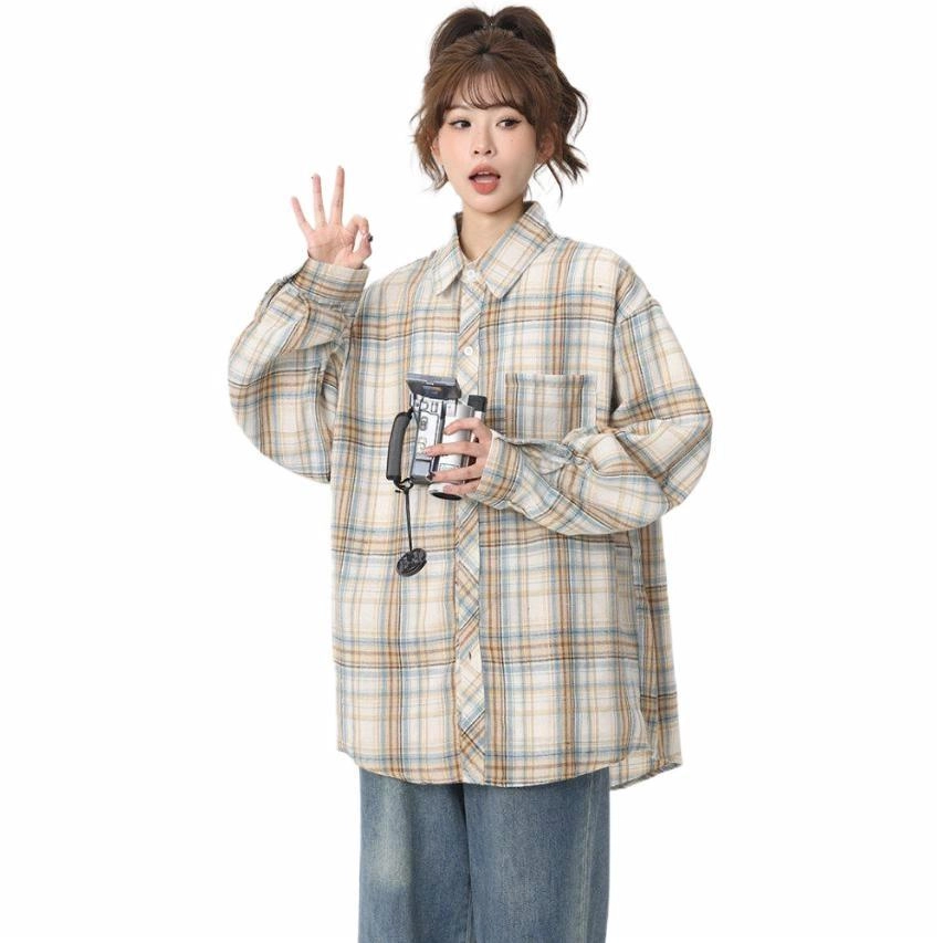 恒源祥 港风爆款宽松衬衣百搭格子长袖外套衬衫 男女同款 黄色