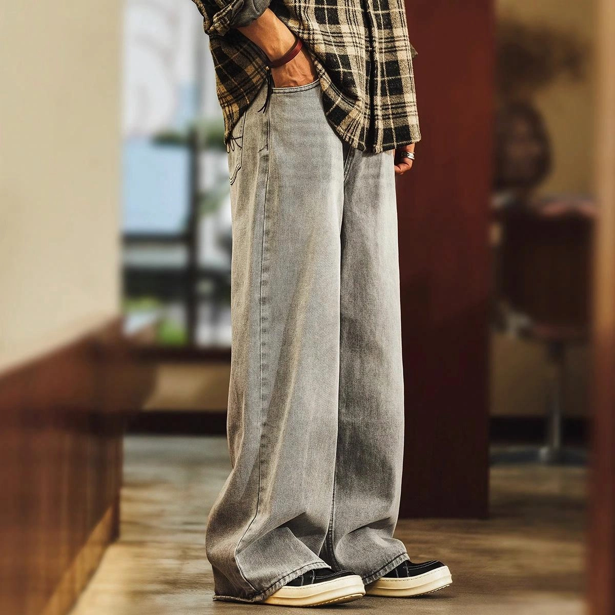 格蓝鹿 美式复古做旧水洗直筒牛仔裤 男款 灰色