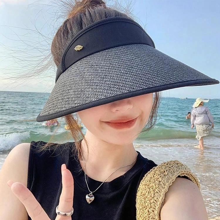 浪莎 夏季空顶大帽檐遮阳帽黑胶草帽户外骑行沙滩遮阳可调节时尚百搭大头围太阳帽 草编 防晒帽 女款