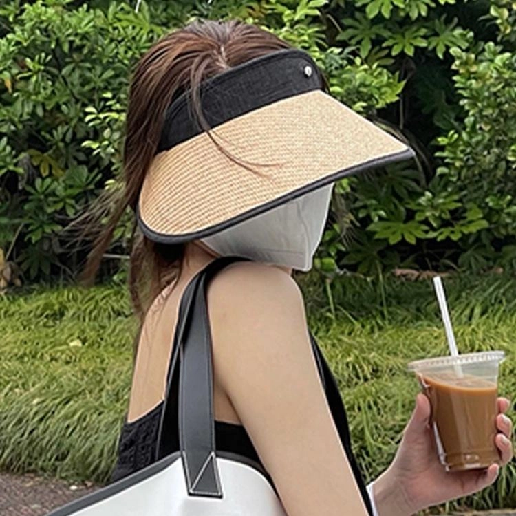 浪莎 夏季空顶大帽檐遮阳帽黑胶草帽户外骑行沙滩遮阳可调节时尚百搭大头围太阳帽 草编 防晒帽 女款