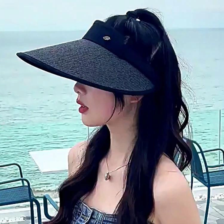 浪莎 夏季空顶大帽檐遮阳帽黑胶草帽户外骑行沙滩遮阳可调节时尚百搭大头围太阳帽 草编 防晒帽 女款