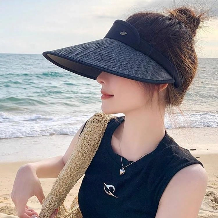 浪莎 夏季空顶大帽檐遮阳帽黑胶草帽户外骑行沙滩遮阳可调节时尚百搭大头围太阳帽 草编 防晒帽 女款