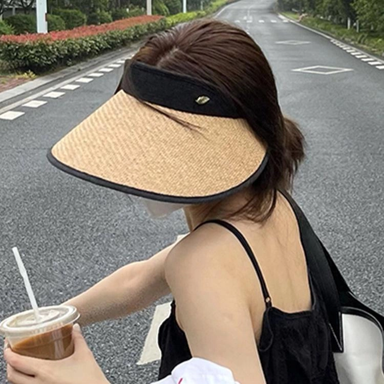 浪莎 夏季空顶大帽檐遮阳帽黑胶草帽户外骑行沙滩遮阳可调节时尚百搭大头围太阳帽 草编 防晒帽 女款
