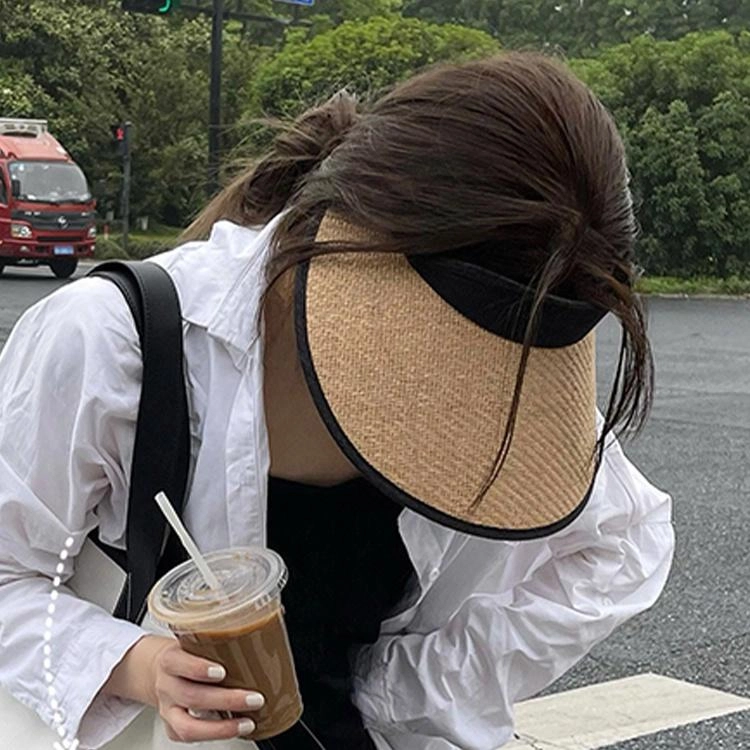 浪莎 夏季空顶大帽檐遮阳帽黑胶草帽户外骑行沙滩遮阳可调节时尚百搭大头围太阳帽 草编 防晒帽 女款