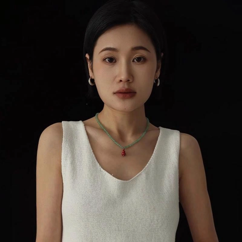慕阳 新中式葫芦 福禄朱砂本命年平安顺遂 温柔气质高级感 串珠圆珠链正品配饰 通勤显白 好运 东陵玉 项链 女款