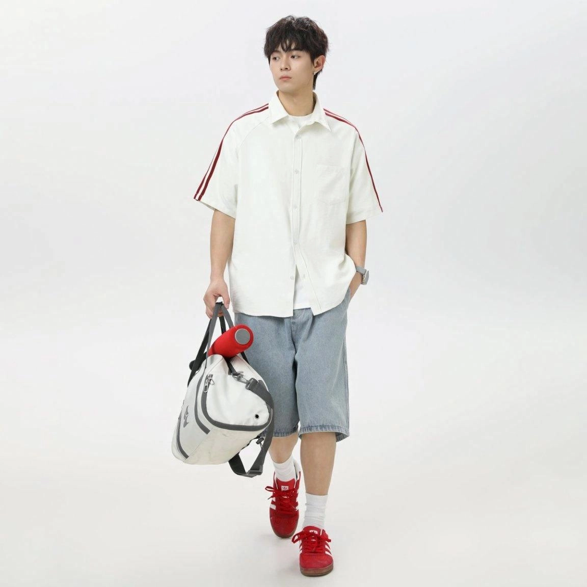 宾力克 美式复古简约条纹宽松休闲户外日常通勤百搭短袖衬衫 男女同款