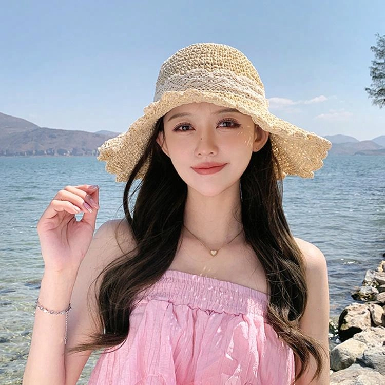 浪莎 大帽檐遮阳草帽夏季海边透气草编遮脸蕾丝花边沙滩帽时尚百搭太阳帽 腈纶 防晒帽 女款