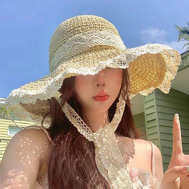 浪莎 大帽檐遮阳草帽夏季海边透气草编遮脸蕾丝花边沙滩帽时尚百搭太阳帽 腈纶 防晒帽 女款