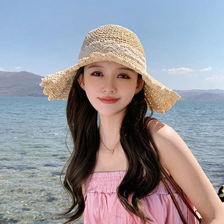 浪莎 大帽檐遮阳草帽夏季海边透气草编遮脸蕾丝花边沙滩帽时尚百搭太阳帽 腈纶 防晒帽 女款