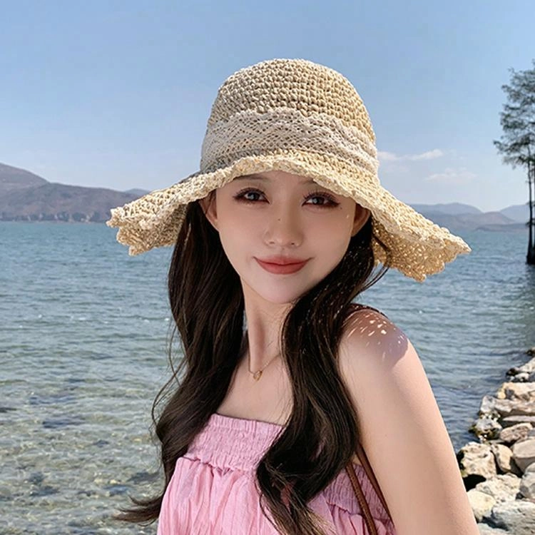 浪莎 大帽檐遮阳草帽夏季海边透气草编遮脸蕾丝花边沙滩帽时尚百搭太阳帽 腈纶 防晒帽 女款