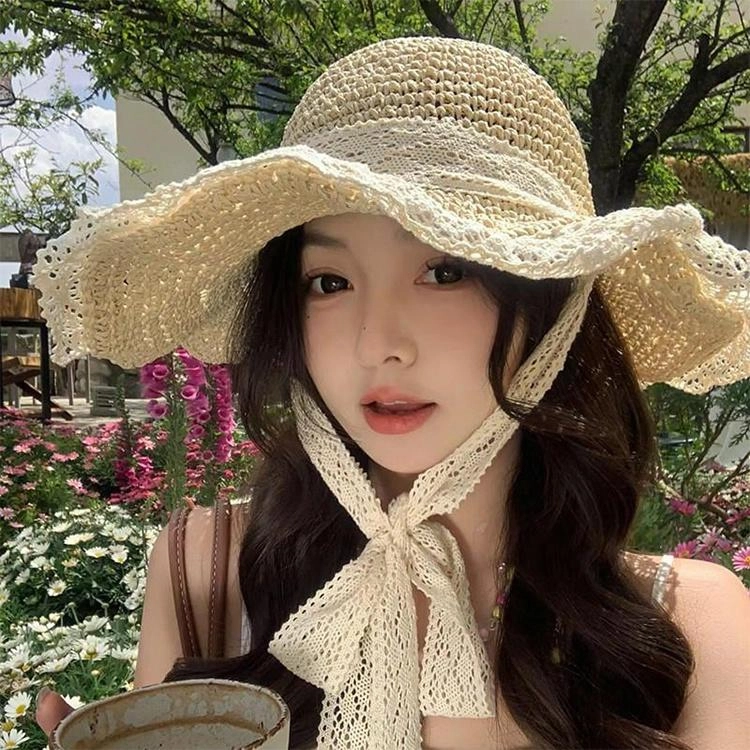 浪莎 大帽檐遮阳草帽夏季海边透气草编遮脸蕾丝花边沙滩帽时尚百搭太阳帽 腈纶 防晒帽 女款