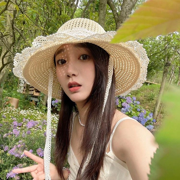 浪莎 大帽檐遮阳草帽夏季海边透气草编遮脸蕾丝花边沙滩帽时尚百搭太阳帽 腈纶 防晒帽 女款