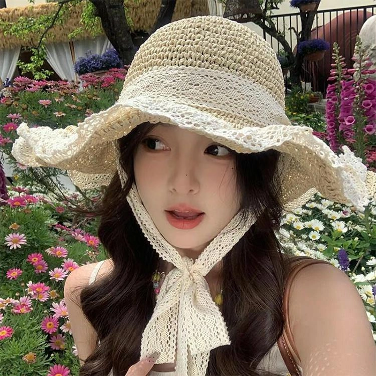 浪莎 大帽檐遮阳草帽夏季海边透气草编遮脸蕾丝花边沙滩帽时尚百搭太阳帽 腈纶 防晒帽 女款