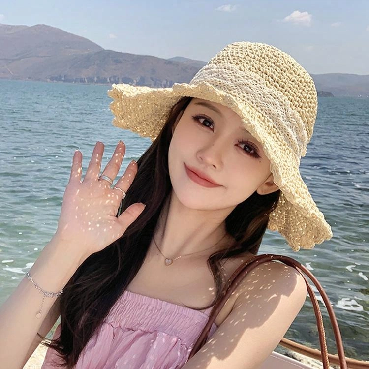 浪莎 大帽檐遮阳草帽夏季海边透气草编遮脸蕾丝花边沙滩帽时尚百搭太阳帽 腈纶 防晒帽 女款