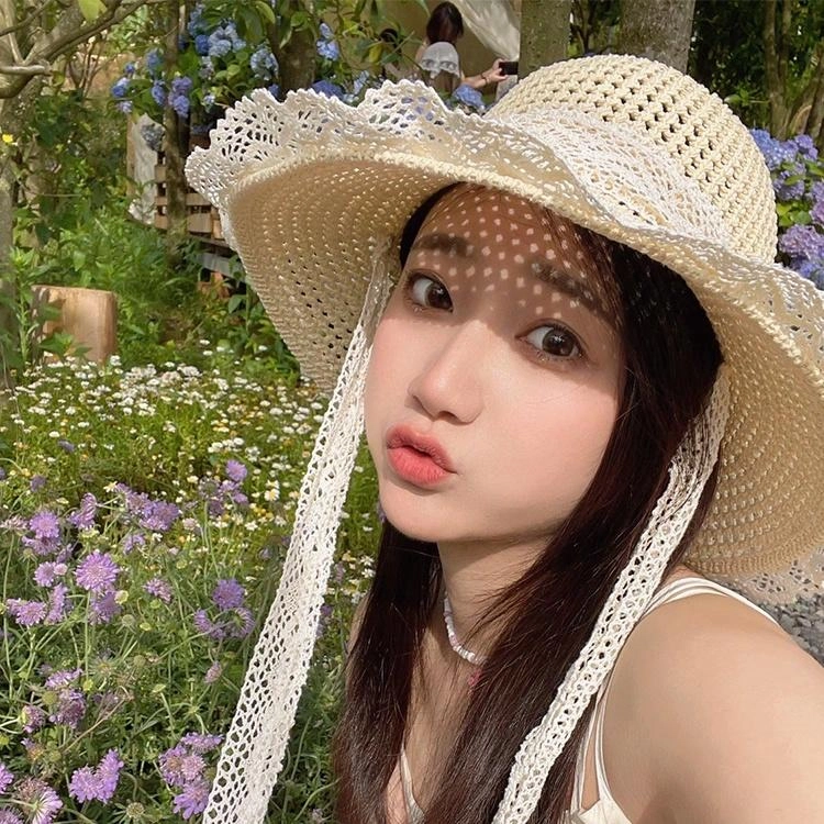 浪莎 大帽檐遮阳草帽夏季海边透气草编遮脸蕾丝花边沙滩帽时尚百搭太阳帽 腈纶 防晒帽 女款