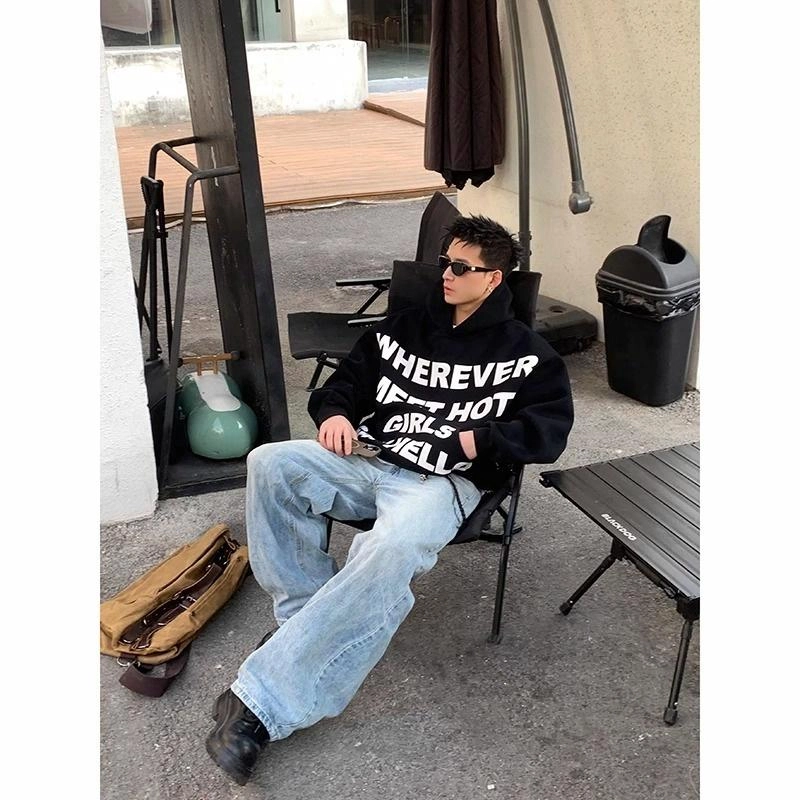 大白鲨 复古重磅撞色字母印花连帽卫衣 男女同款