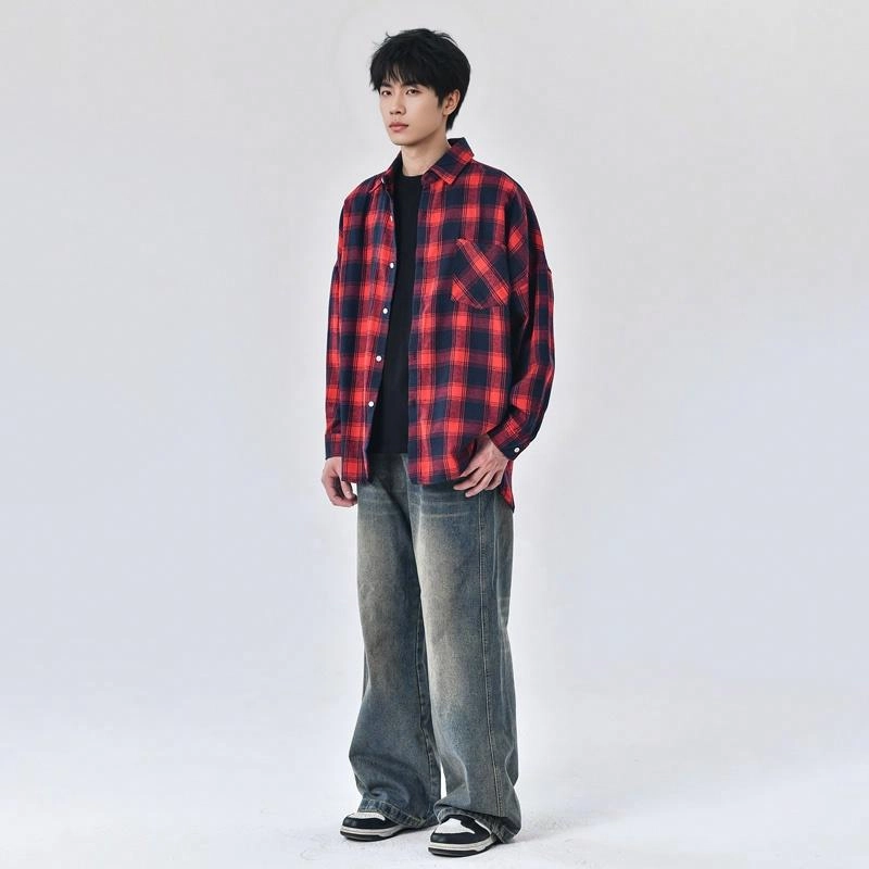 乱步 复古格子美式长短衬衫 男女同款
