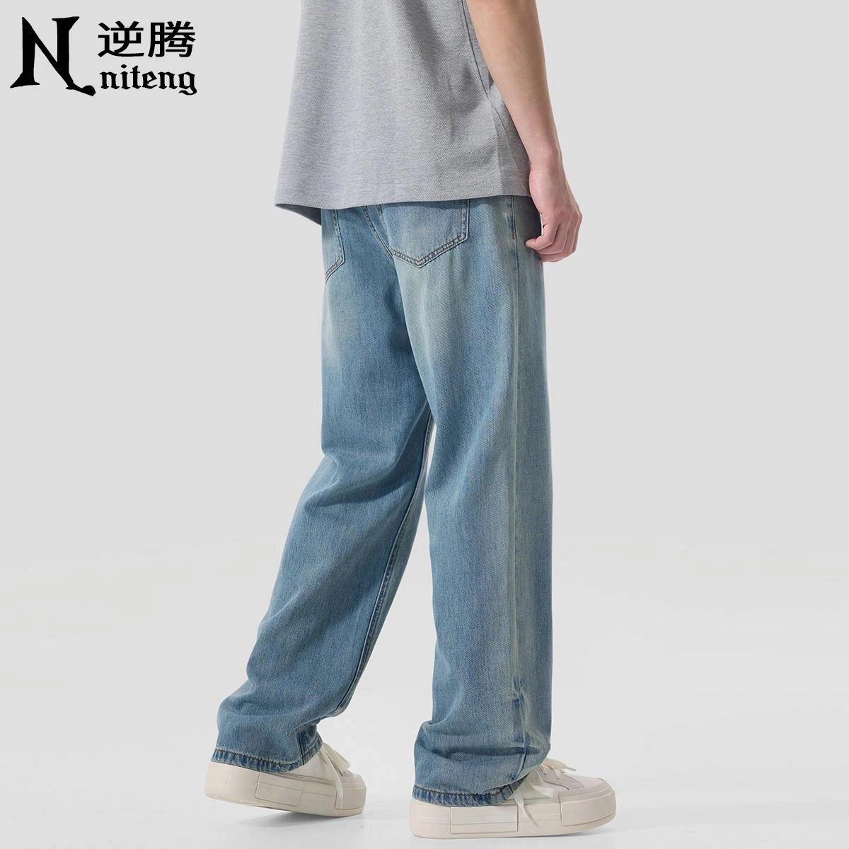 逆腾 潮牌百搭破洞直筒垂感牛仔裤 男款 蓝色