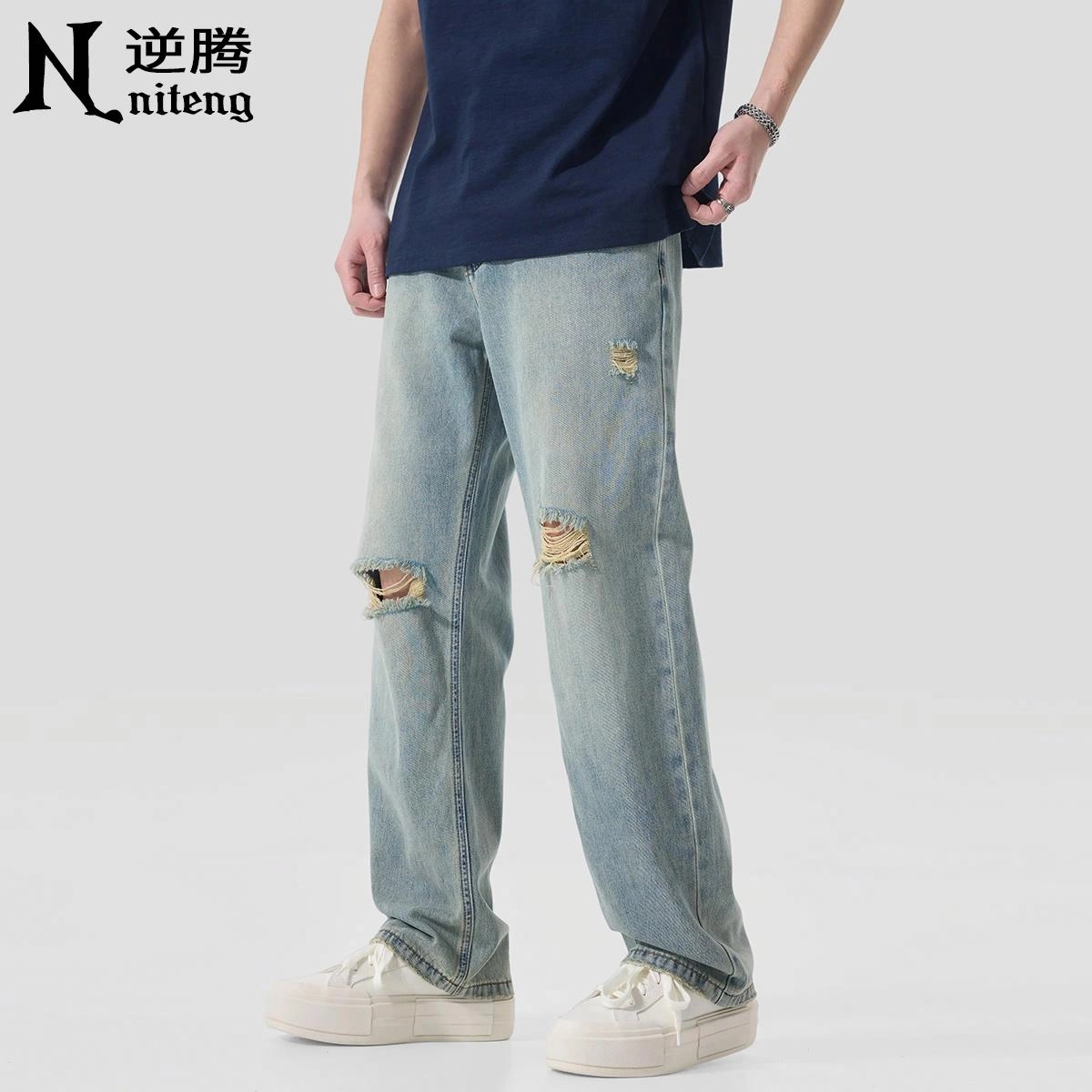 逆腾 潮牌高街破洞垂感直筒牛仔裤 男款 蓝色