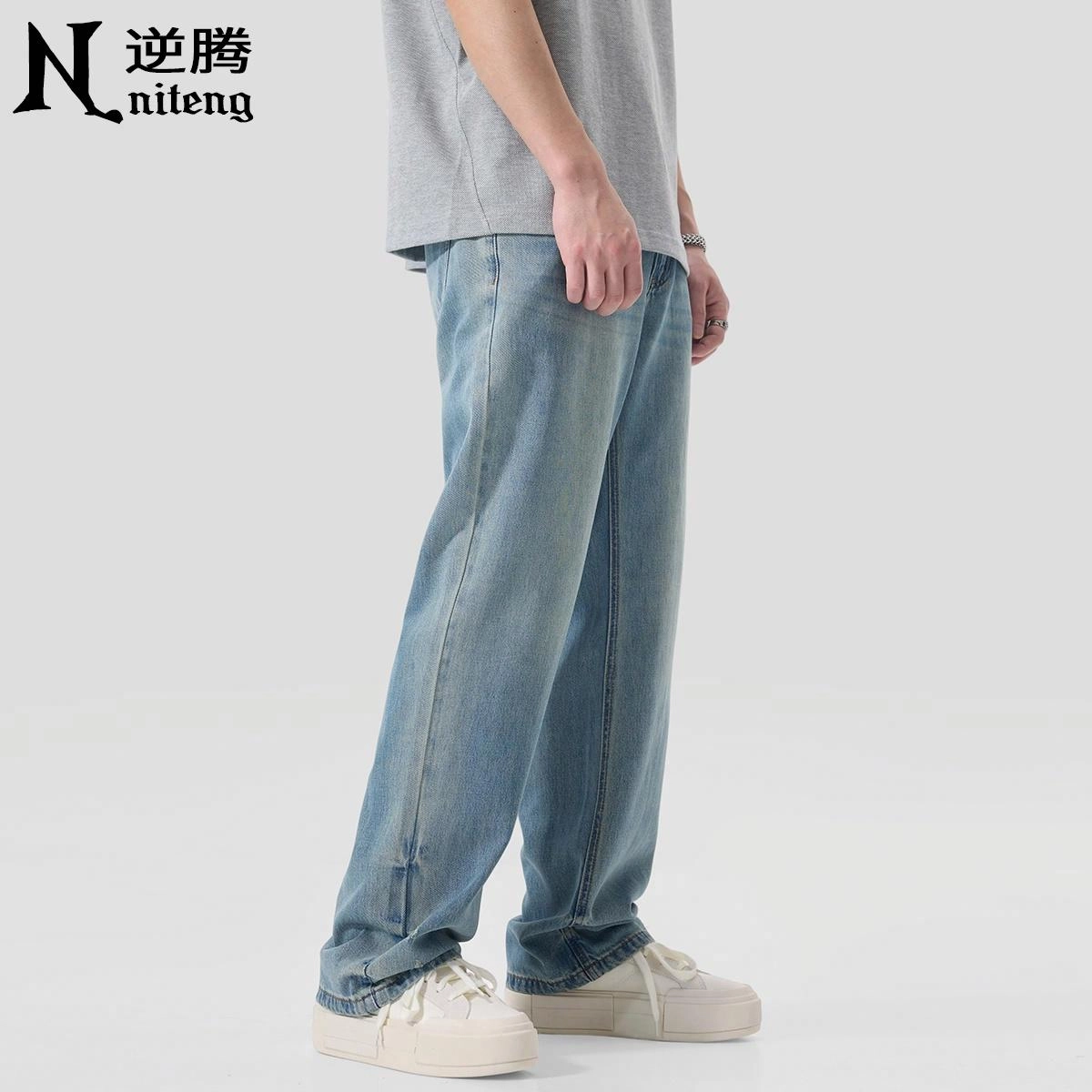 逆腾 潮牌百搭破洞直筒垂感牛仔裤 男款 蓝色
