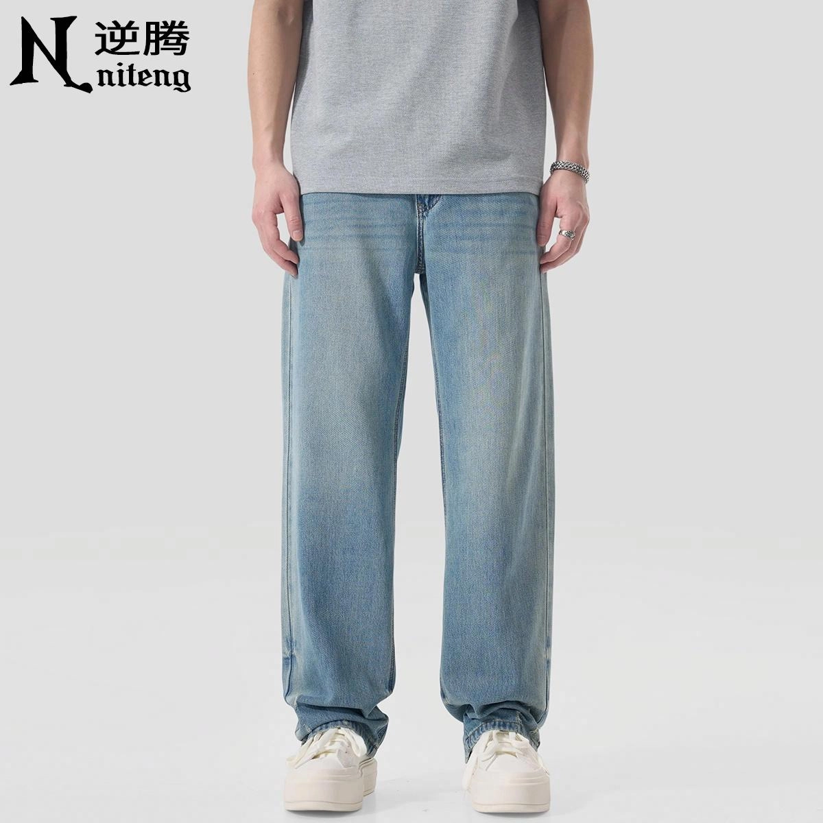 逆腾 潮牌百搭破洞直筒垂感牛仔裤 男款 蓝色