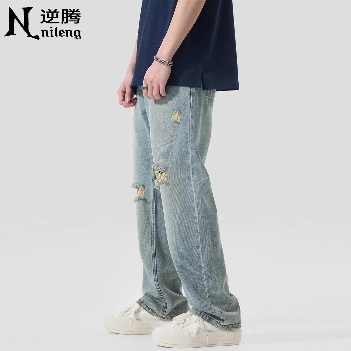 逆腾 潮牌高街破洞垂感直筒牛仔裤 男款 蓝色