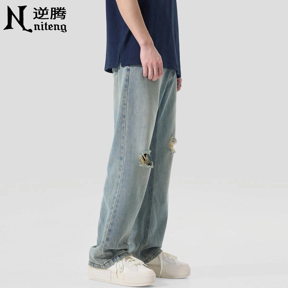 逆腾 潮牌高街破洞垂感直筒牛仔裤 男款 蓝色