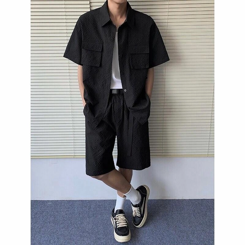 臣目 藏青色泡泡纱短袖上衣酷帅穿搭高级短裤衬衫套装 男款