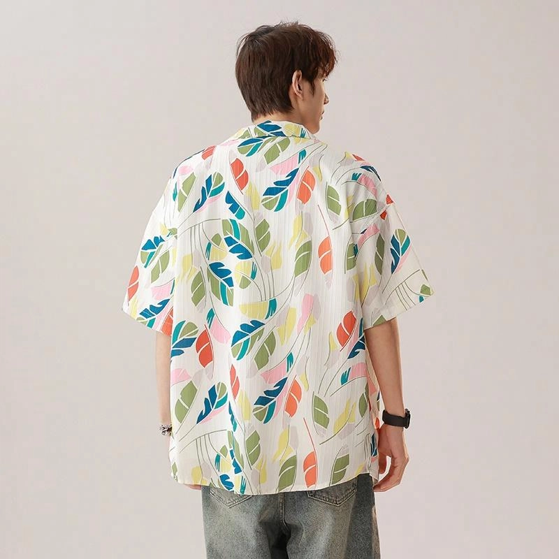 大白鲨 度假风泰式复古港风花古巴领短袖衬衫 男款 加纳红