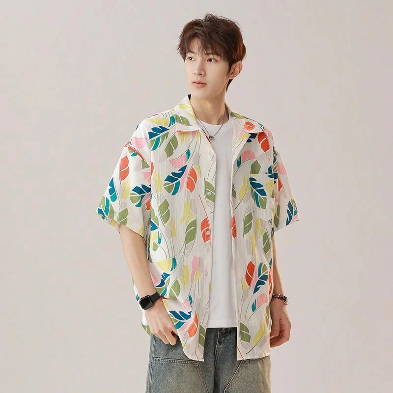 大白鲨 度假风泰式复古港风花古巴领短袖衬衫 男款 加纳红