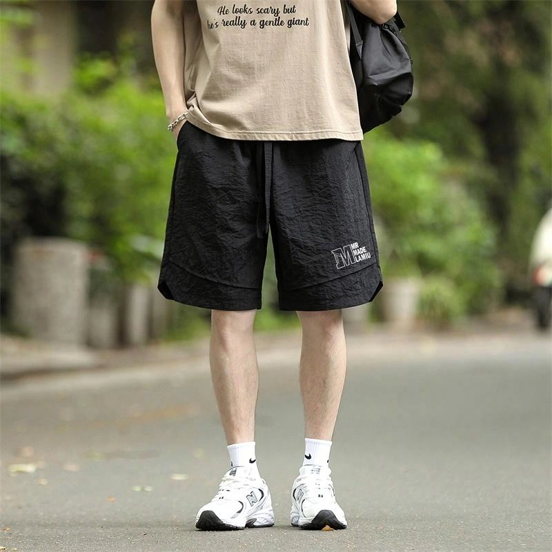 兰缪 日系简约纯色基础款日常通勤字母舒适复古美式百搭亲肤柔软舒适透气宽松五分休闲短裤 男女同款