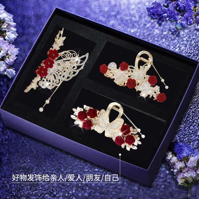 缔晶 甜美优雅浪漫红玫瑰蝴蝶鲨鱼 清新时尚气质通勤礼盒 合金 发夹 女款
