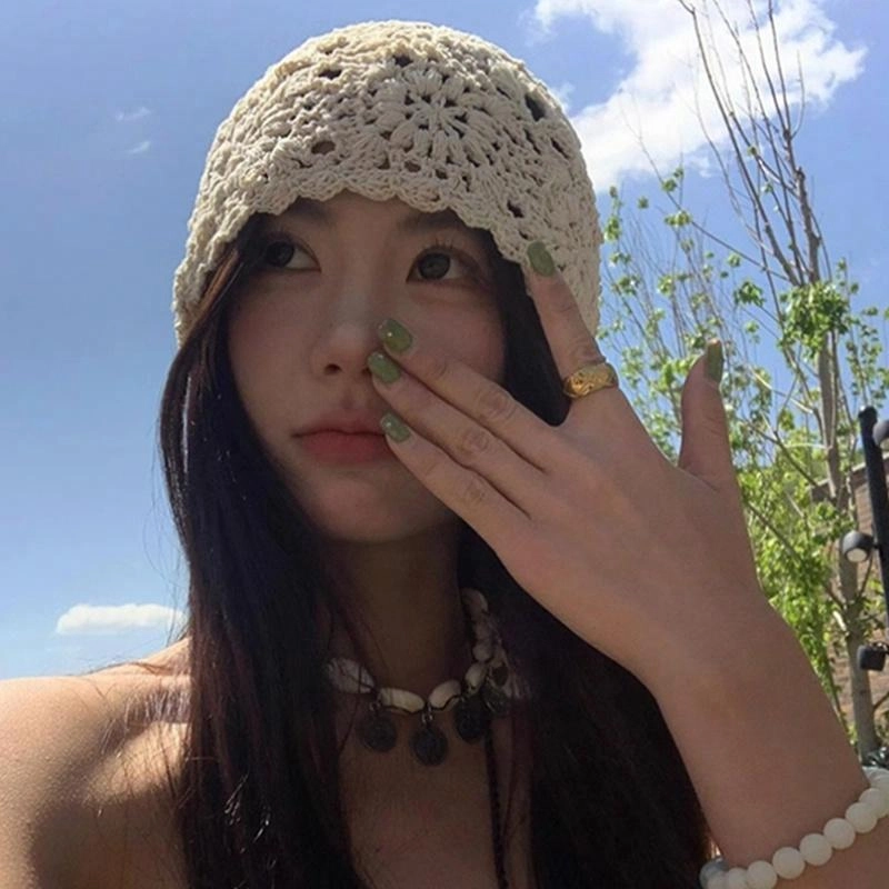 优幽兰 甜美百搭针织镂空花朵包头帽夏薄款大头围显脸小文艺民族风设计复古堆堆帽时尚钩花编织套头帽子超 织物 绒线帽 女款