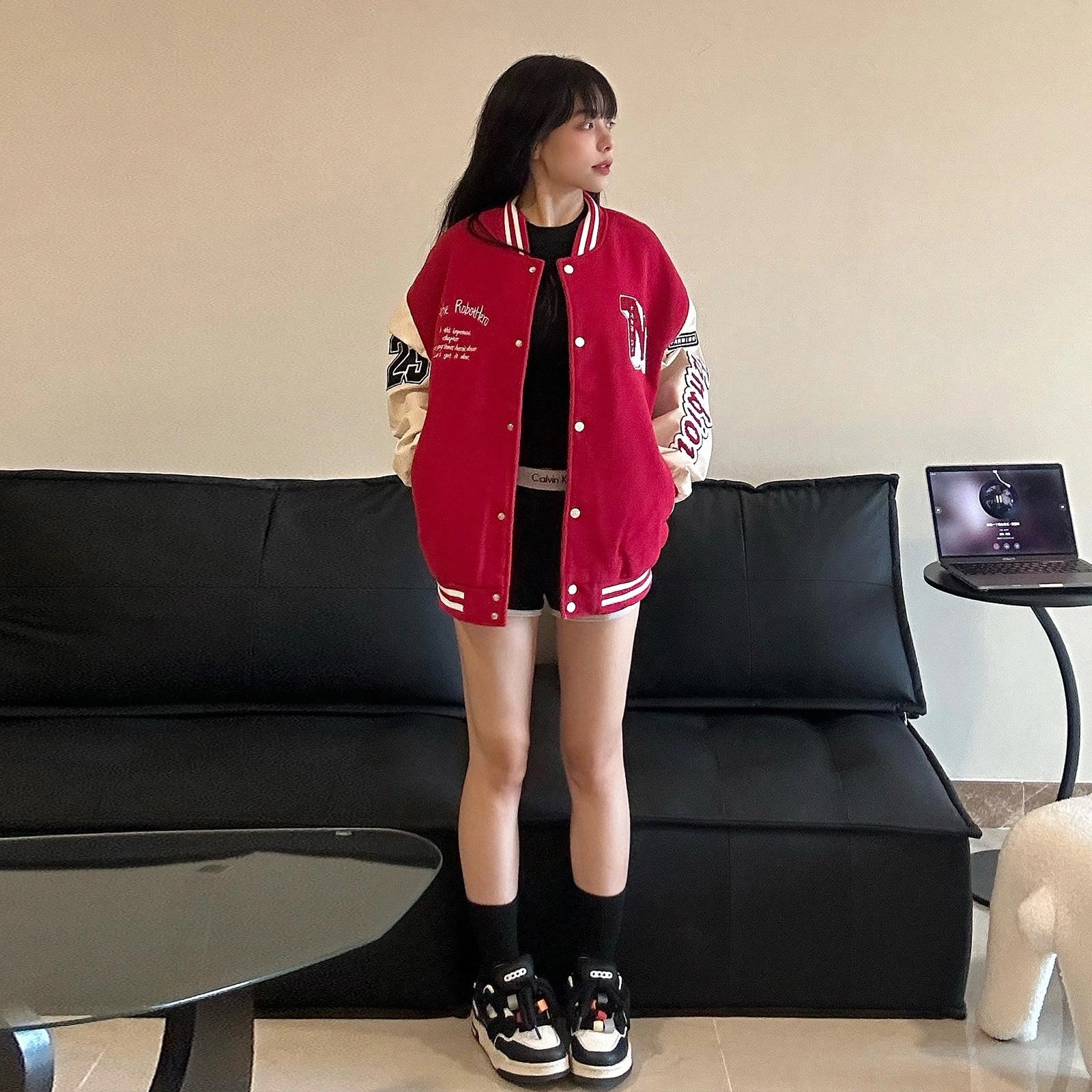 范比欧 日系复古撞色拼接毛呢贴布毛巾刺绣字母加厚宽松棒球服 男女同款