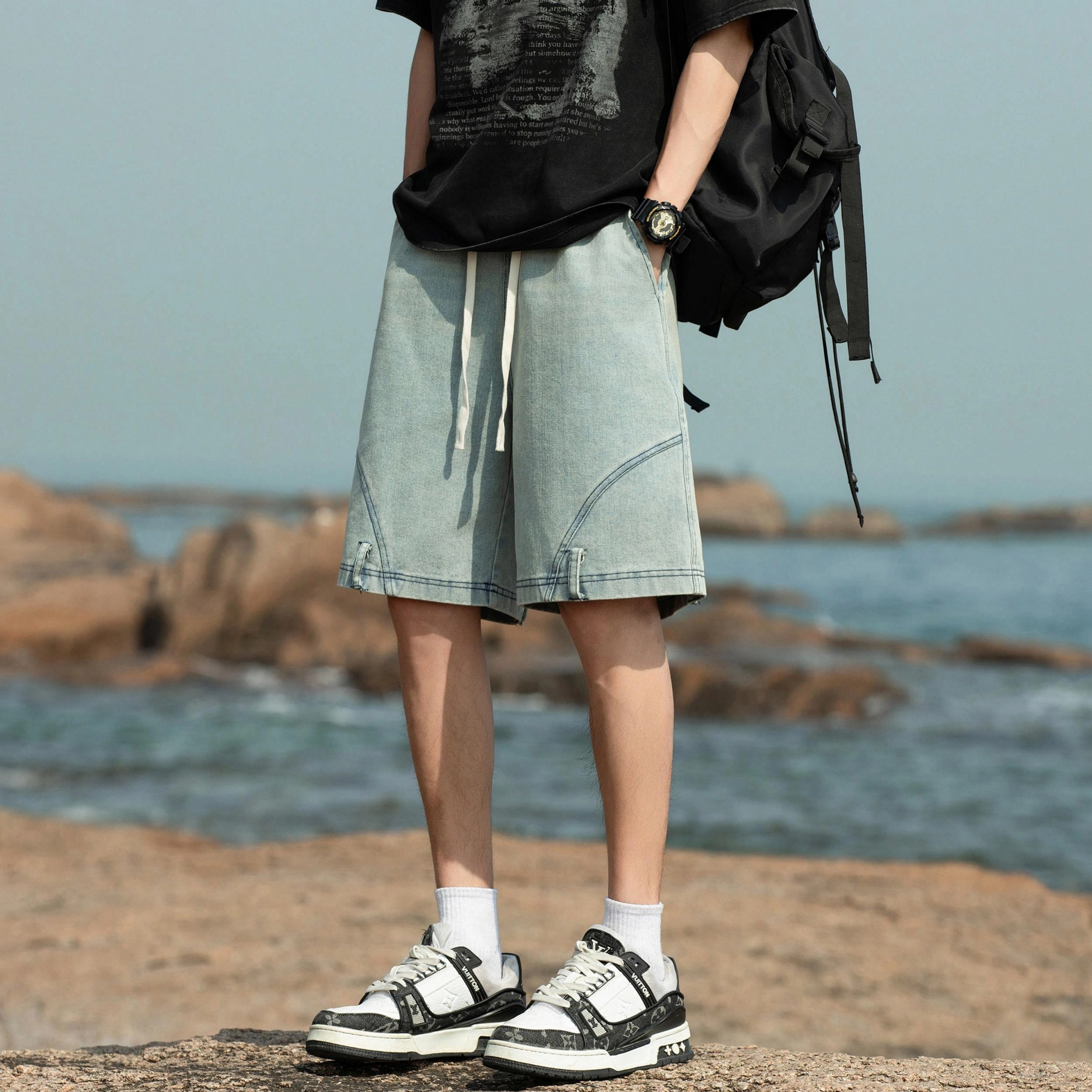 宜而爽 美式复古潮流街头时尚裤子反着穿不规则设计水洗做旧宽松休闲百搭舒适透气系带五分牛仔短裤 男女同款