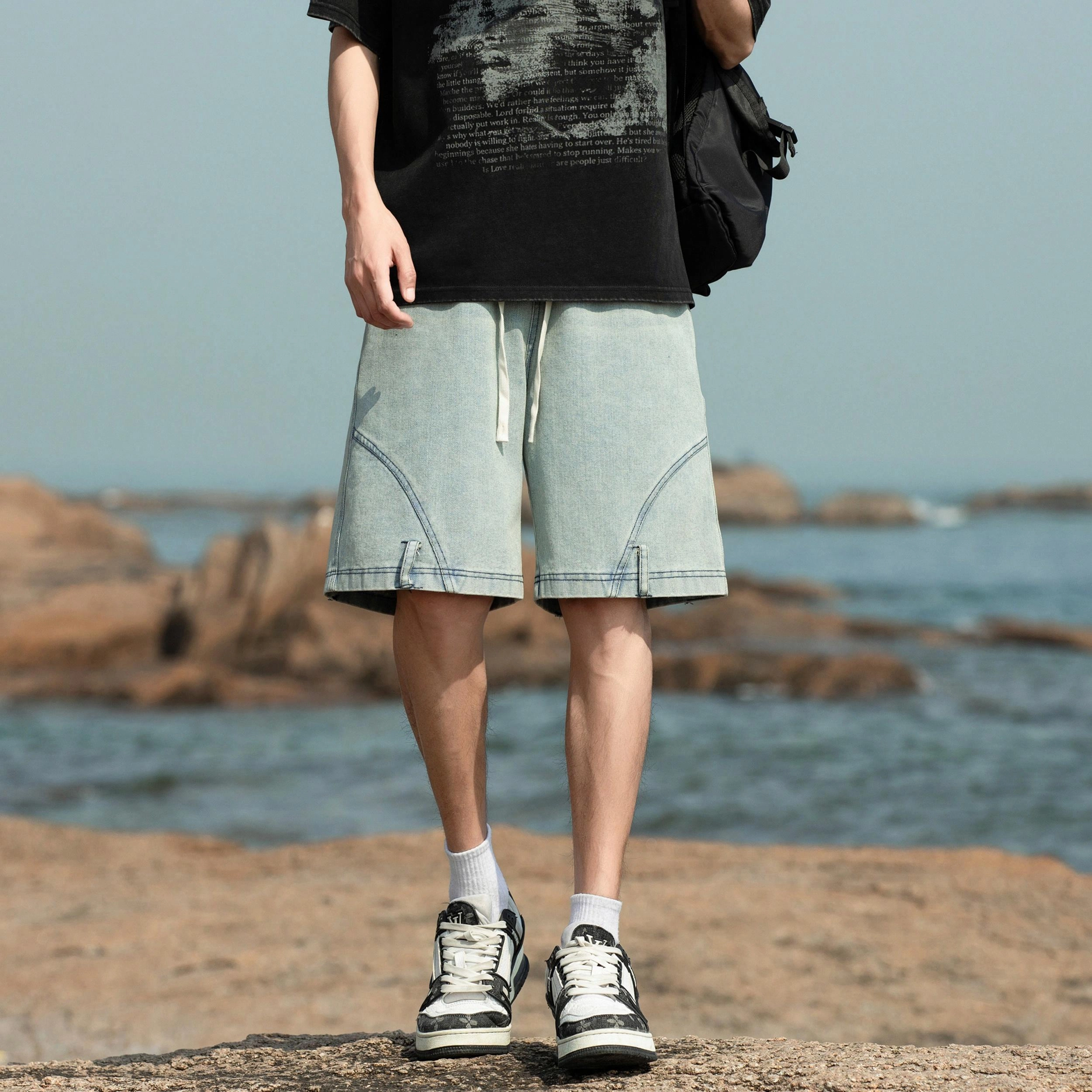 宜而爽 美式复古潮流街头时尚裤子反着穿不规则设计水洗做旧宽松休闲百搭舒适透气系带五分牛仔短裤 男女同款