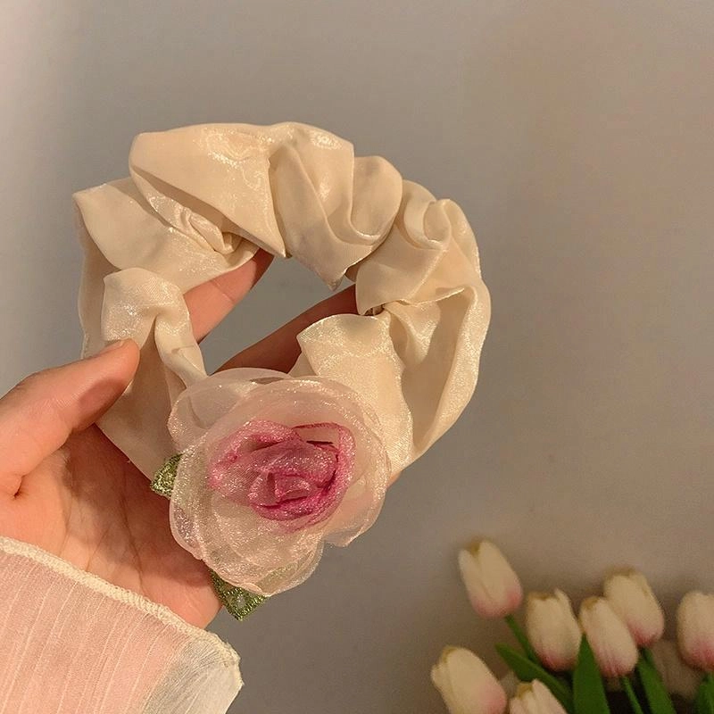 丹琴 山茶花欧根纱大肠扎头花低马尾小香风 网纱 皮筋 发圈 女款