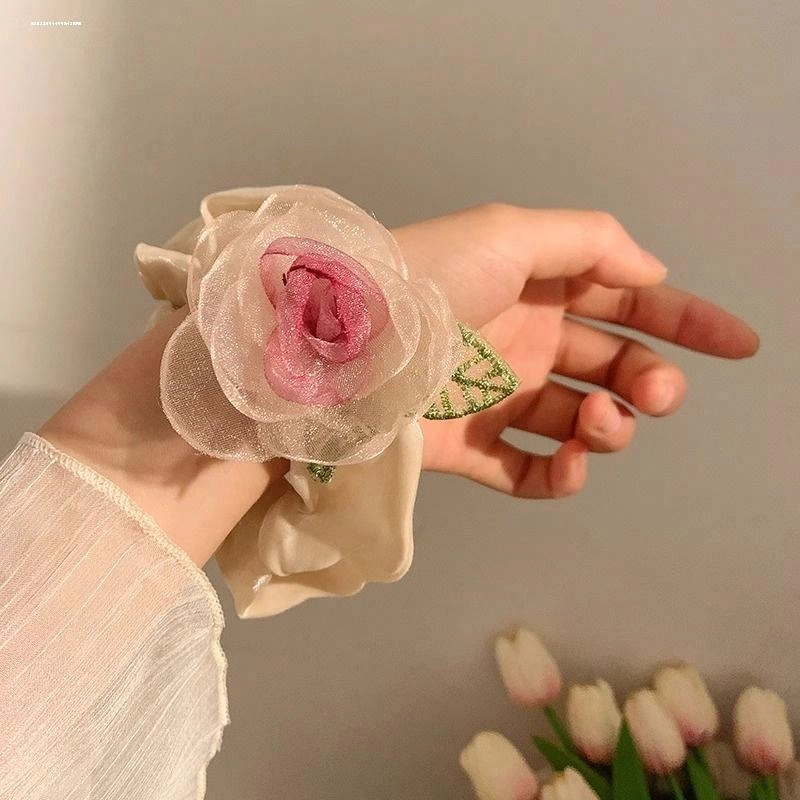 丹琴 山茶花欧根纱大肠扎头花低马尾小香风 网纱 皮筋 发圈 女款