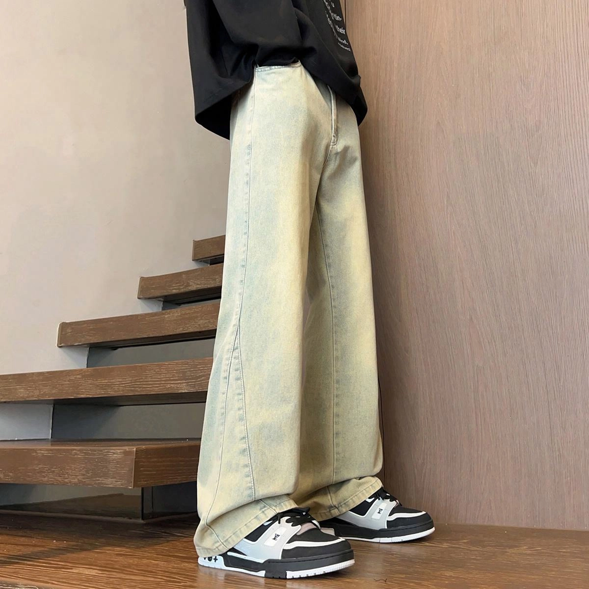 尘映 美式痞帅街头百搭修身休闲宽松牛仔裤 男女同款