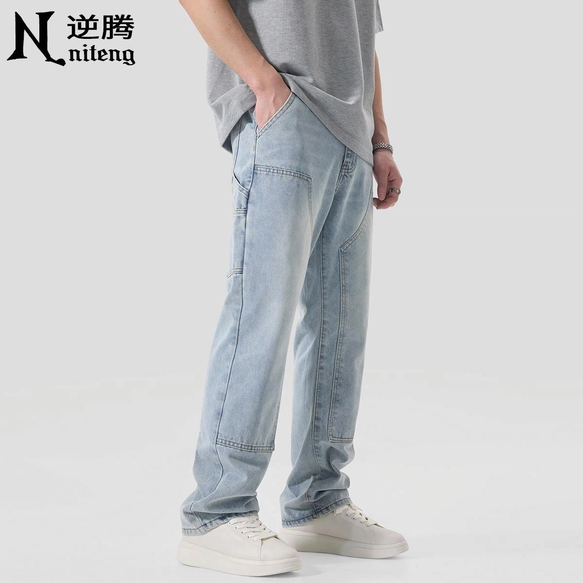 逆腾 拼接水洗做旧直筒宽松牛仔裤 男款 怀旧浅蓝