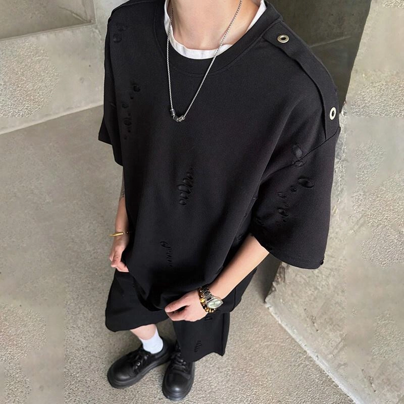 泰迪熊 美式复古随性宽松破洞圆领潮牌休闲运动套装 男女同款