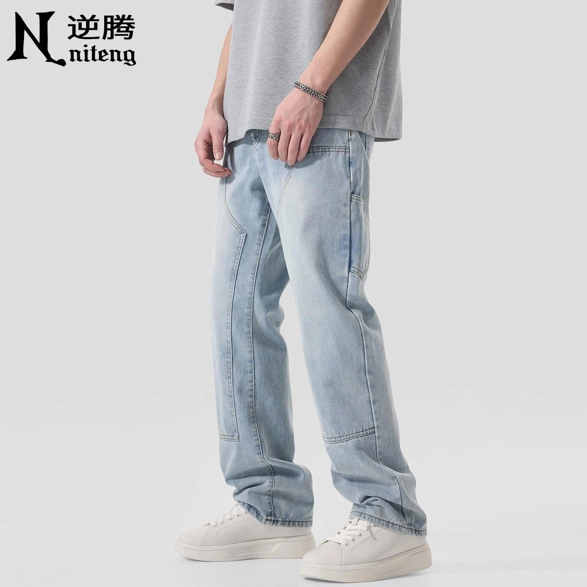 逆腾 拼接水洗做旧直筒宽松牛仔裤 男款 怀旧浅蓝