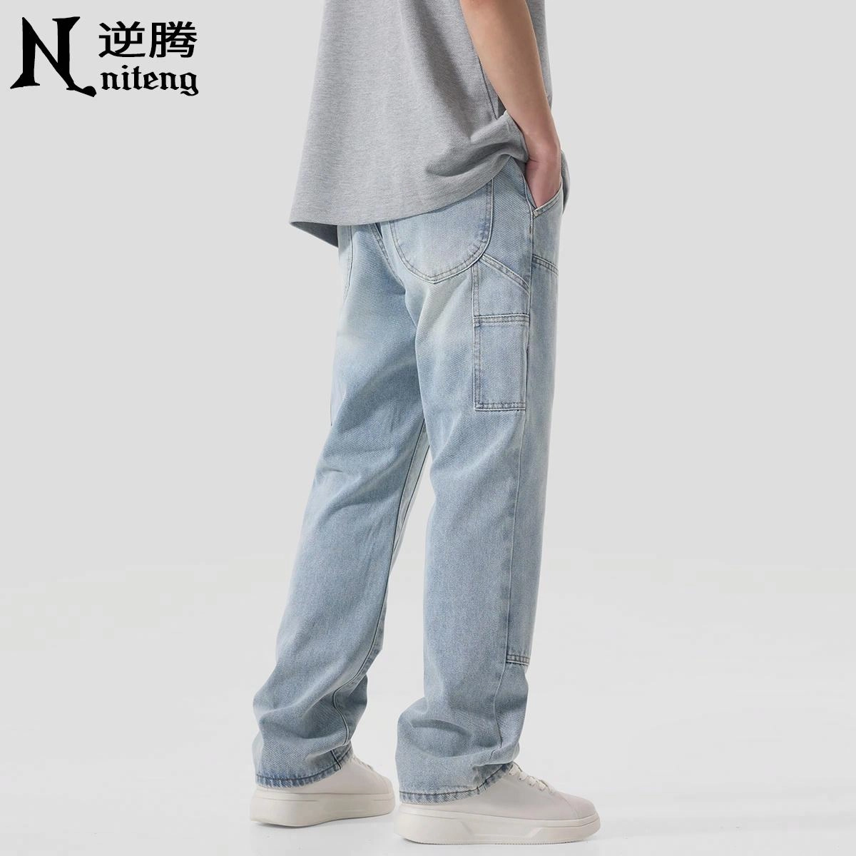 逆腾 拼接水洗做旧直筒宽松牛仔裤 男款 怀旧浅蓝