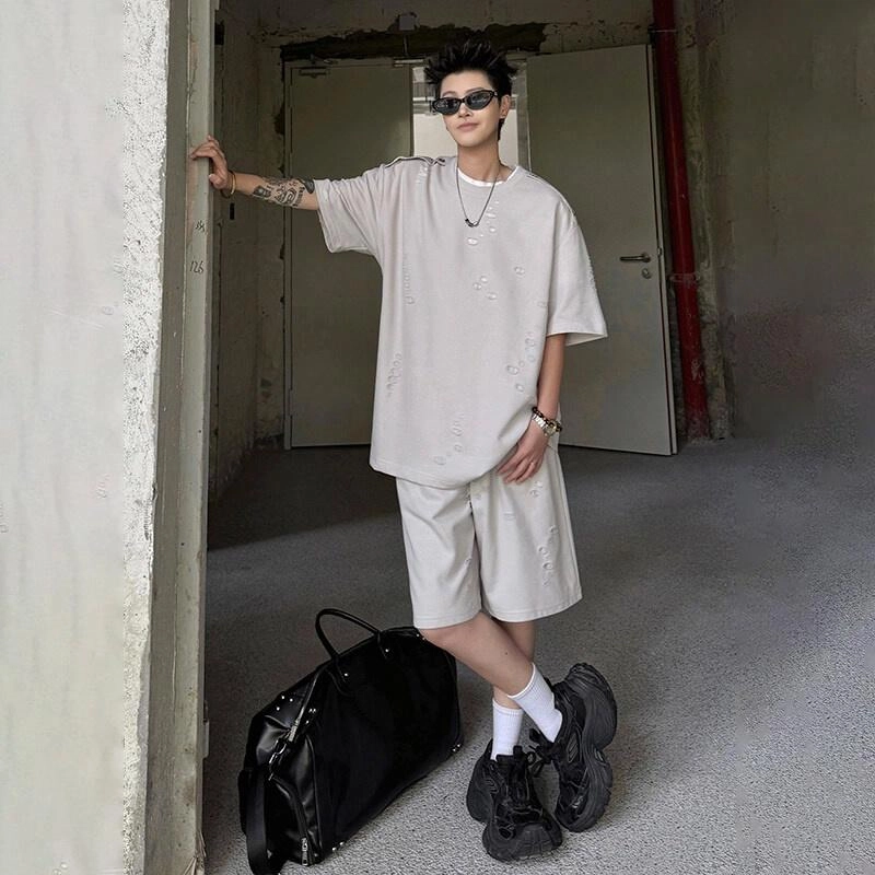 泰迪熊 美式复古随性宽松破洞圆领潮牌休闲运动套装 男女同款
