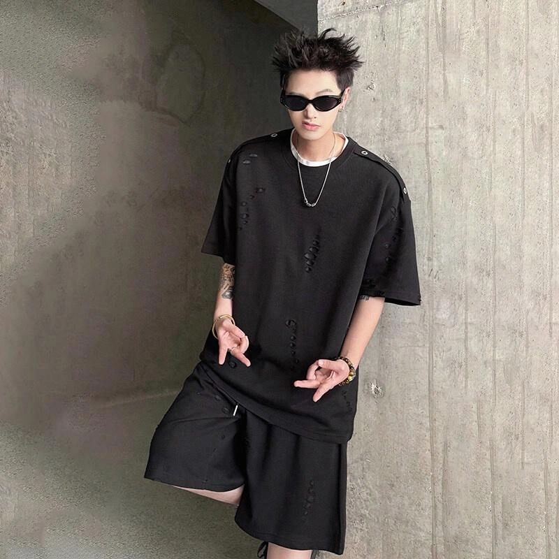 泰迪熊 美式复古随性宽松破洞圆领潮牌休闲运动套装 男女同款