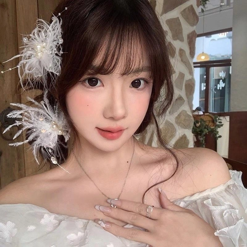 水中玉 超仙高级感羽毛蝴蝶发卡侧边鸭嘴夹甜美气质发饰刘海夹 合金 发夹 女款
